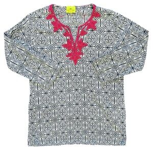 Roberta Roller Rabbit Navy Blue & White Mosaic Print Tunic Pink Trim Girls 10